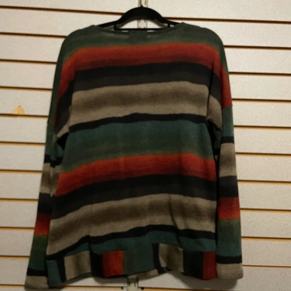 Hopely Womens Earthy Striped V-Neck Knit Sweater Green‎ Rust Grey Oversized L/XL